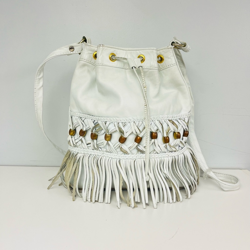 Retro White Leather Fringe Drawstring Crossbody Bag